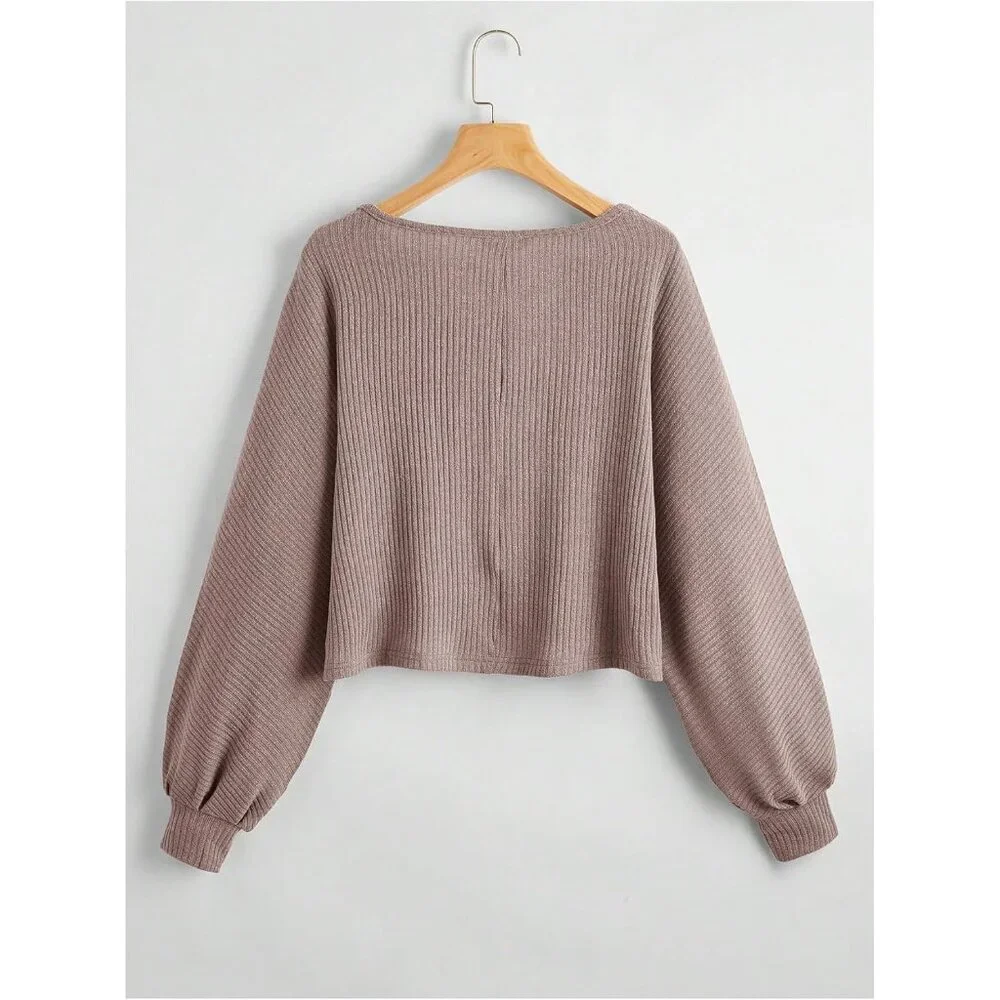 Crewneck Raglan Long Sleeve Ribbed Knit Crop Top Cropped Sweater Mocha Brown - Picture 2 of 5